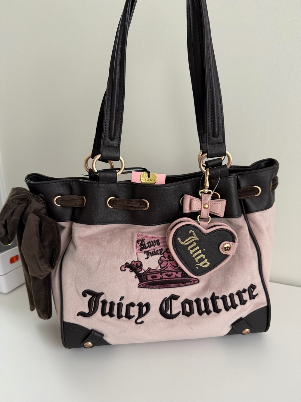 Juicy Couture Pink and Black Embroidered Shoulder Tote with Heart Charm